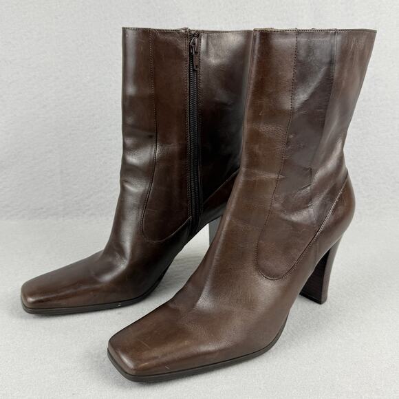 Nine West Square Toe Leather Boots Zip Up High Ankle size 8M Brown Chunky Heel - Picture 1 of 12
